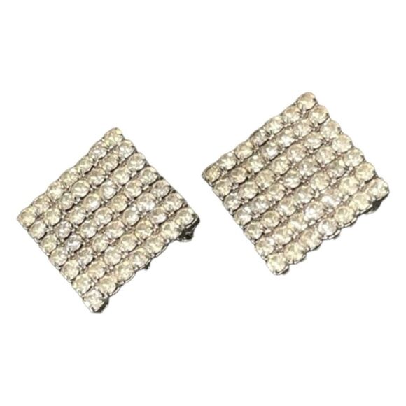 Vintage 80s Pave Rhinestone Earrings Silver Tone Metal Square Multi Clip-On Spar - Picture 1 of 6